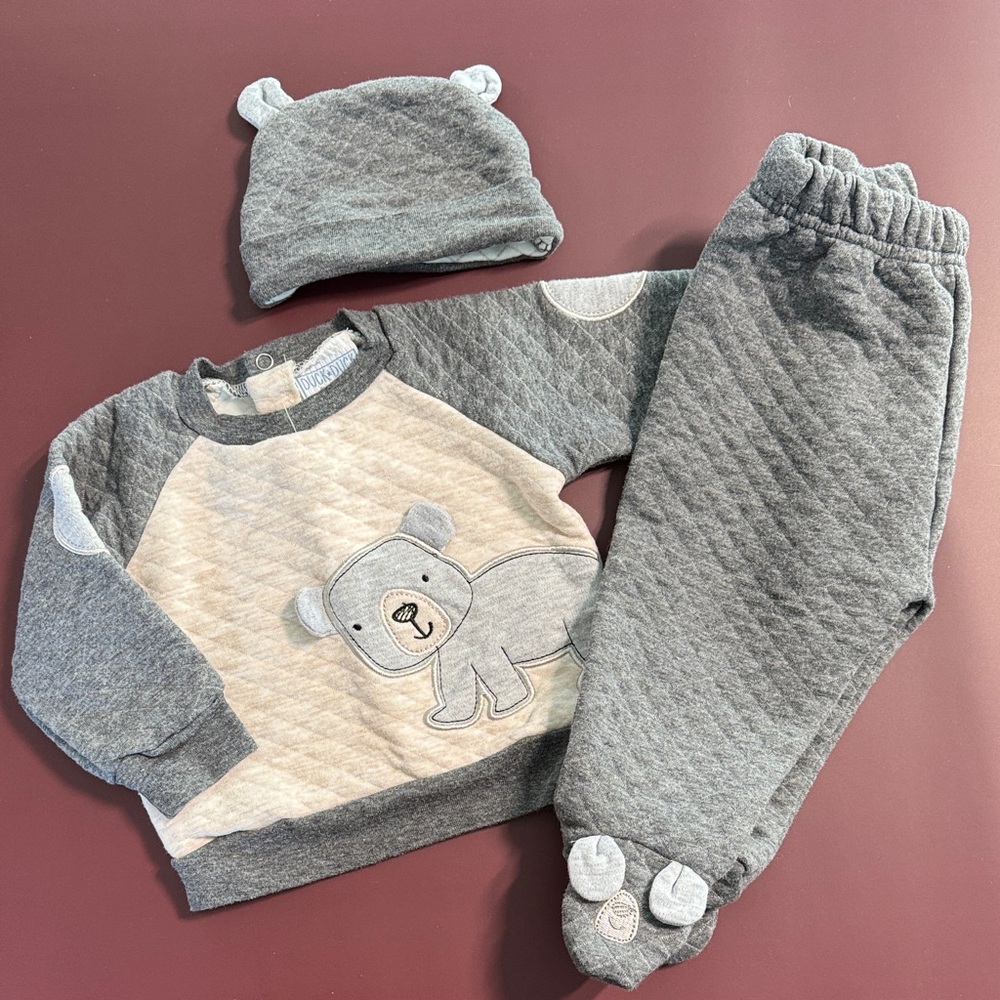 💜3/$15 Duck Duck Goose Gray & Cream Bear Outfit with Hat